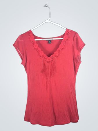 Red V-Neck Lace Trim T-Shirt