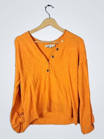 LOFT Orange Textured Knit V-Neck Button-Up Sweater