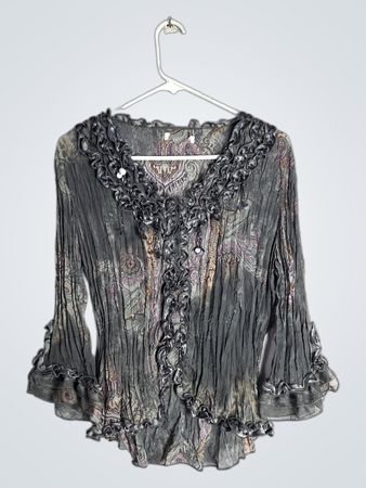Gray Long Sleeve Blouse with Ruffled Details