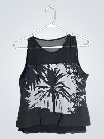 Black Mesh Tank Top with Palm Tree Design