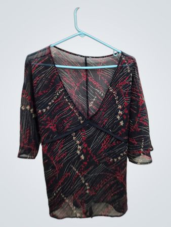 Sheer Black Blouse with Red and White Floral Pattern