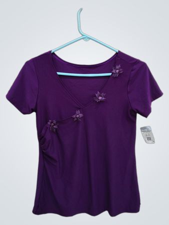 Purple Short-Sleeve Top with Floral Accents