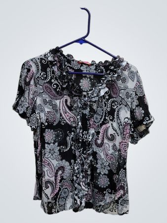 Blouse with Black, White, and Pink Paisley Pattern