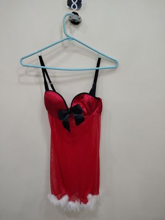 Red Lingerie Top with Black Bow and White Fur Trim