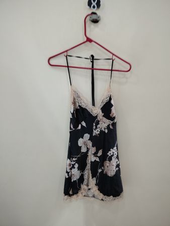 Black Floral Chemise with Lace Trim