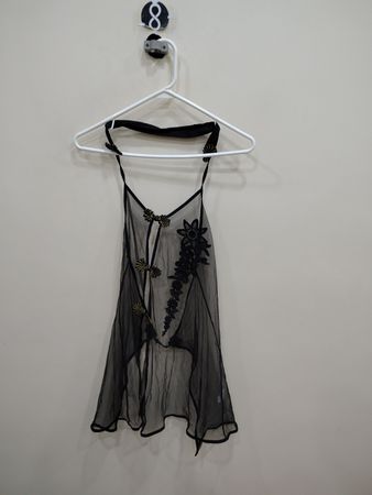 Sheer Black Halter Top with Floral Embroidery and Chinese Frog Closures