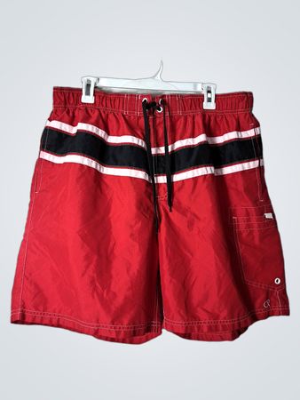 Red Swim Shorts with Black and White Stripes