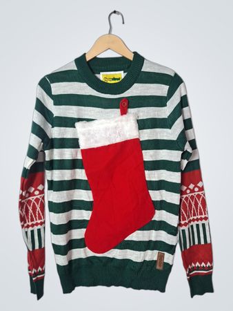 Green and White Striped Christmas Sweater with Red and White Sleeves