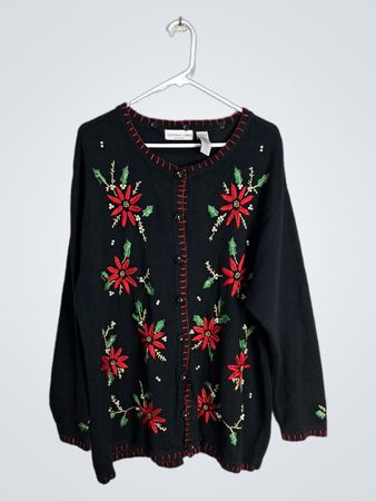 Victoria Jones Woman Black Christmas Poinsettia Cardigan
