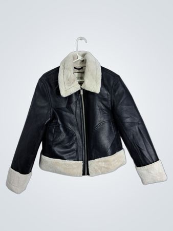 BAGATELLE COLLECTION NEW YORK Black Faux Leather Aviator Jacket with Sherpa Collar and Cuffs