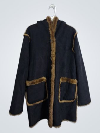 Dennis Basso Black Faux Suede Fur Trim Hooded Coat