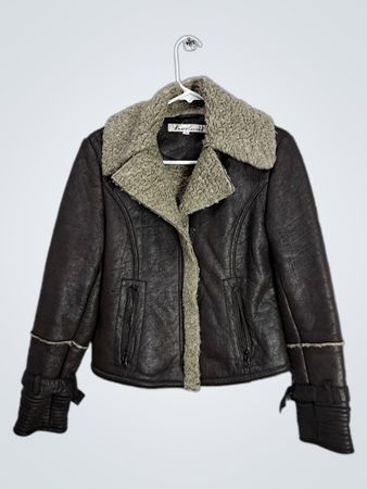 Kenneth Cole New York Brown Faux Leather Shearling Lined Aviator Jacket