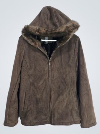 New York & Company Brown Faux Suede Hooded Jacket with Faux Fur Trim