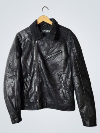GUESS Black Faux Leather Jacket with Shearling Collar