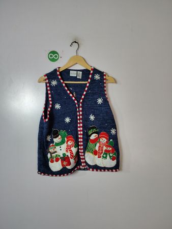 Carolina Colours Women's Sleeveless Blue Snowman Christmas Sweater Vest