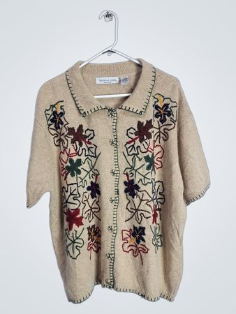 Victoria Jones Woman Beige Embroidered Leaf Short Sleeve Collared Sweater 2X