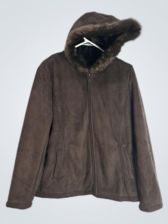 New York & Company Brown Faux Suede Hooded Jacket with Faux Fur Trim