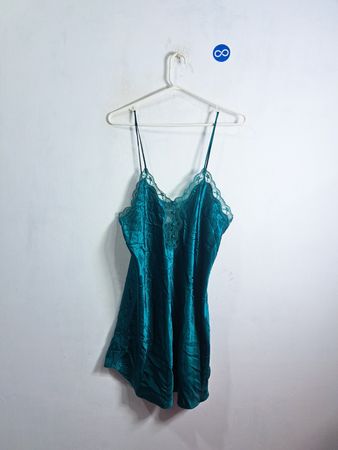 La Senza Teal Satin Slip Dress with Lace Trim