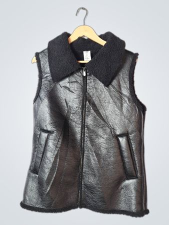 Black Sleeveless Faux Leather Vest with Shearling Collar
