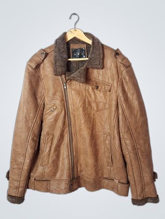Men's Brown Faux Leather Aviator Jacket with Shearling Collar
