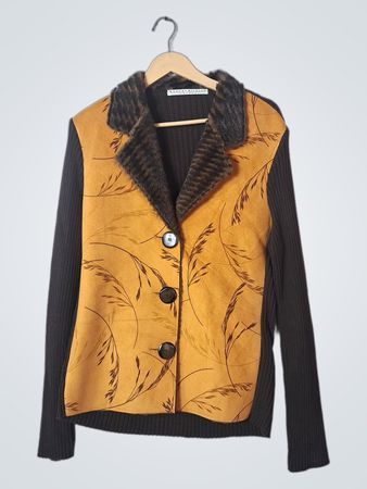 Robert Kitchen Canada Women's Brown Ribbed Cardigan with Mustard Yellow Faux Suede and Fur Trim