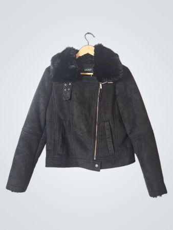DKNY Black Faux Suede Fur Collar Moto Jacket