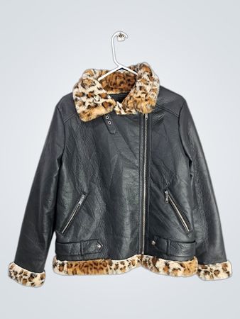 Sam Edelman Faux Leather Leopard Trim Aviator Jacket