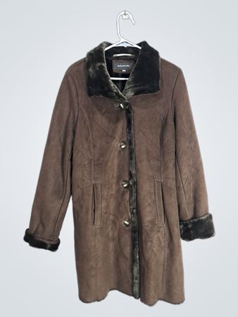Jones New York Faux Suede Fur Trim Coat
