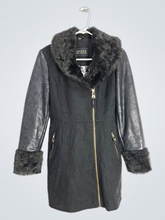 Guess Los Angeles Black Faux Leather & Fur Trimmed Coat
