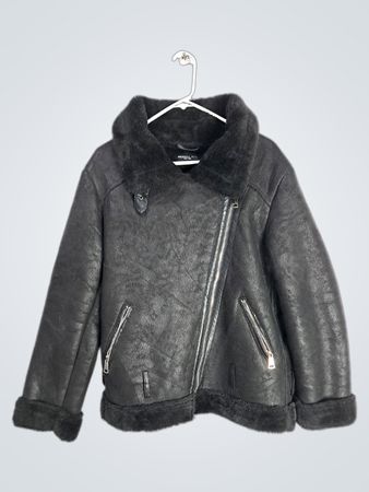 PHILOMENA PETTI NEW YORK Black Faux Leather Aviator Jacket with Fur Collar