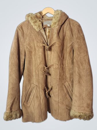Croft & Barrow Women's Tan Faux Suede Hooded Duffle Coat with Faux Fur Trim