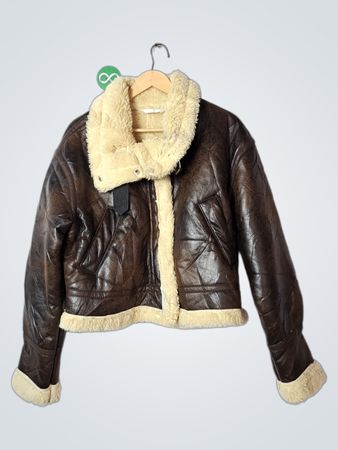 Brown Faux Leather Aviator Jacket with Cream Shearling Trim