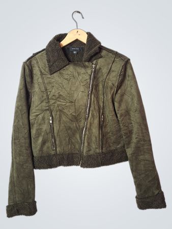 Miss Love Women's Green Faux Suede Sherpa Lined Moto Jacket