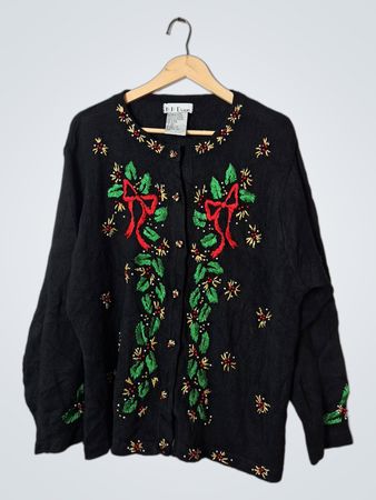 B.P. Design Black Christmas Cardigan with Red Bows and Holly