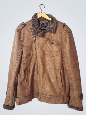 ZHE DIHAO Brown Faux Leather Sherpa Lined Aviator Jacket