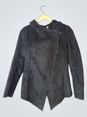 Black Faux Suede Asymmetrical Zip Jacket with Hood