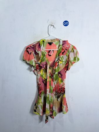 Women's Floral Print Pleated Blouse with Tie Neck