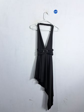 Black Halter Neck Asymmetrical Dress with Ring Detail