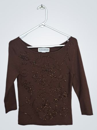 Jessica Howard 2pc Set Women's Brown Beaded 3/4 Sleeve Top Size 6
