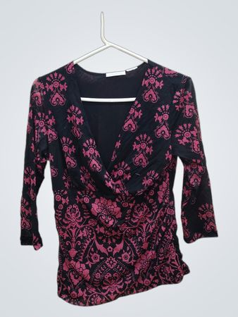 Worthington Women's Black Pink Floral Print Faux Wrap Top