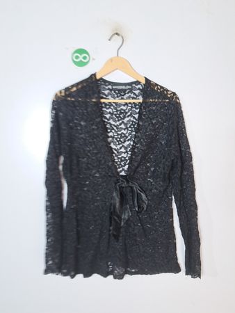 Monterey Bay Clothing Company Black Lace Long Sleeve Tie Front Top