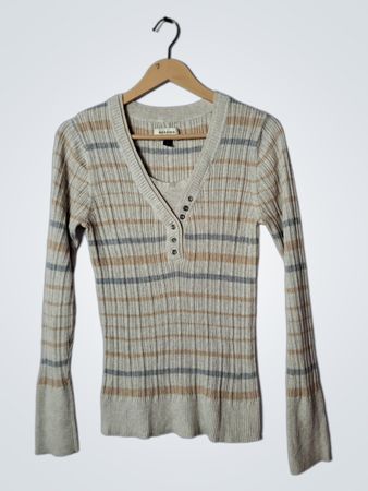 Sonoma Women's Striped Ribbed V-Neck Button Detail Long Sleeve Sweater
