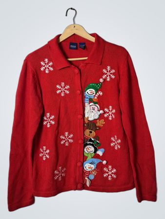 BASIC EDITIONS Red Christmas Snowman Cardigan