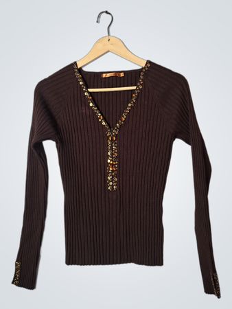 Abellino Brown Ribbed Sequin Embellished V-Neck Long Sleeve Sweater