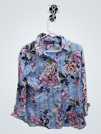 7th Avenue Design Studio New York & Company Blue Striped Floral Print Button-Down Shirt