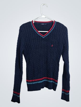 Polo Ralph Lauren Navy Cable Knit V-Neck Sweater with Red and Blue Trim