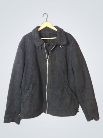 Black Faux Suede Aviator Jacket with Shearling Collar