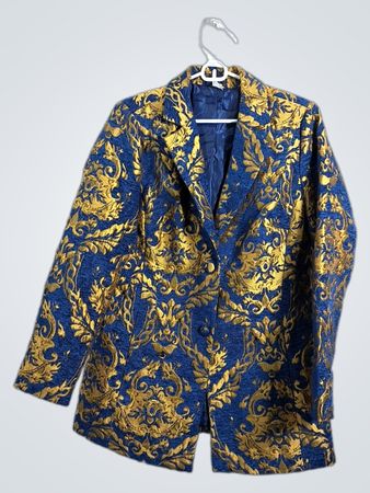 VENUS Women's Blue and Gold Brocade Double-Breasted Blazer
