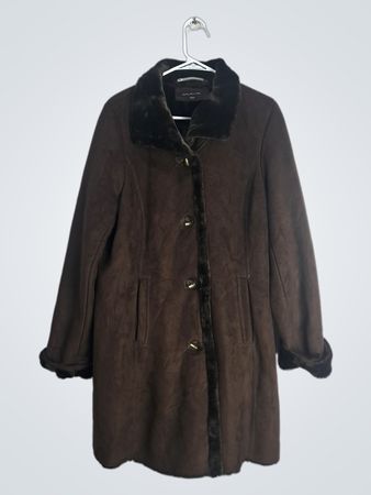 Jones New York Brown Faux Suede Fur Trim Coat