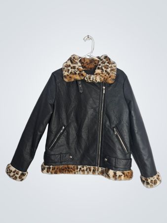 Sam Edelman Women's Black Faux Leather Leopard Print Trim Aviator Jacket